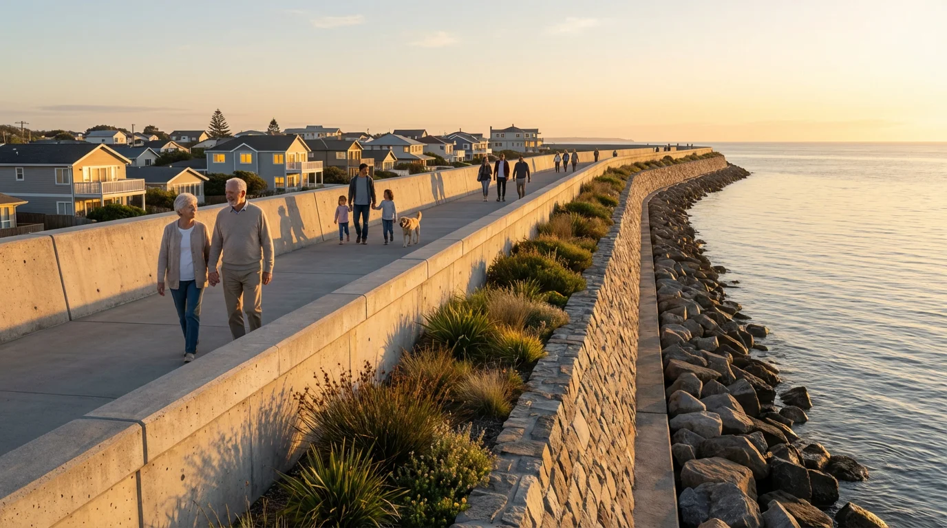 Community members walking on a new coastal flood barrier at golden hour.