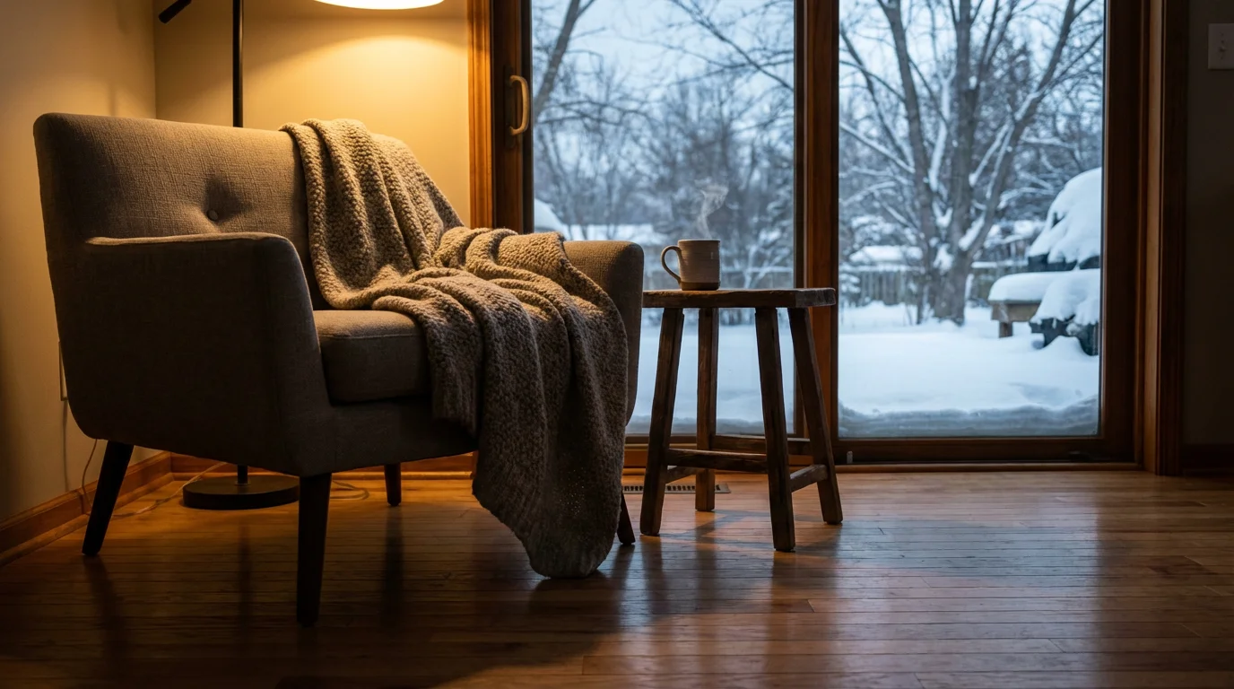 Cozy armchair and steaming mug by a window overlooking a snowy Wisconsin yard.