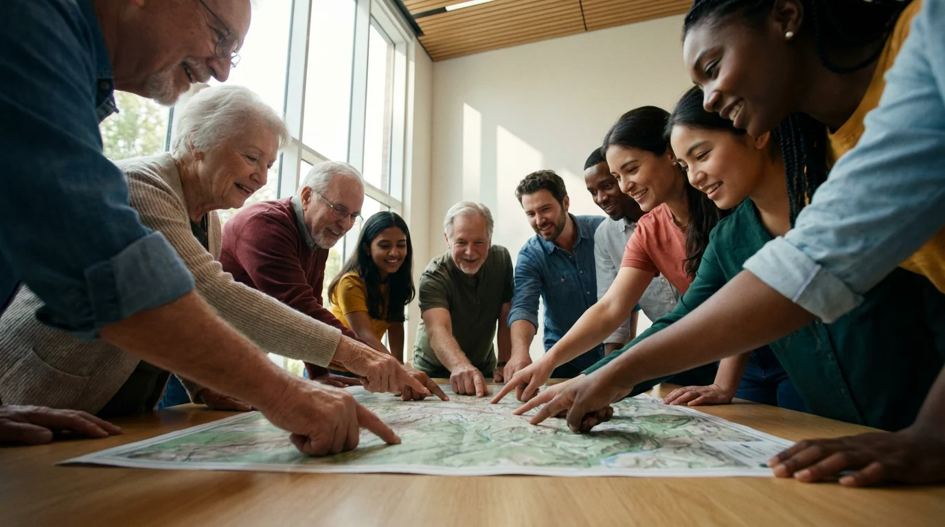 Diverse community members gathered around a map, planning for emergency preparedness in a sunlit room.