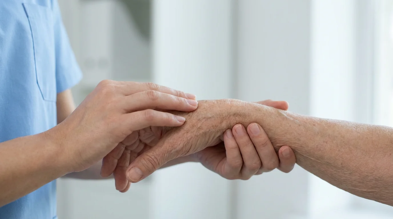 Doctor's hands gently checking a senior patient's pulse in a close-up photo.