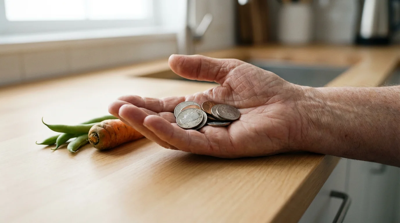 Elderly hand holding a few coins next to a meager amount of vegetables.