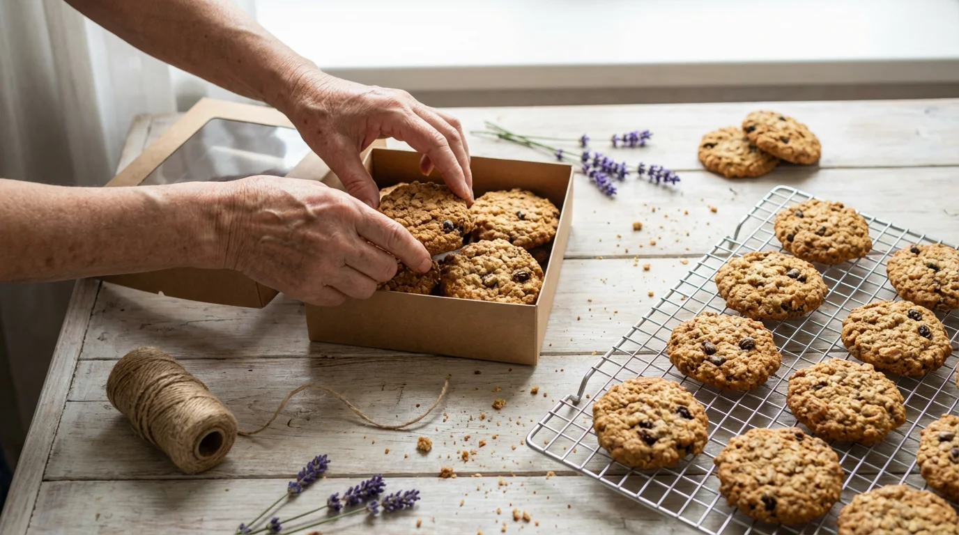 Elderly hands carefully placing homemade cookies into a gift box in a flat lay.