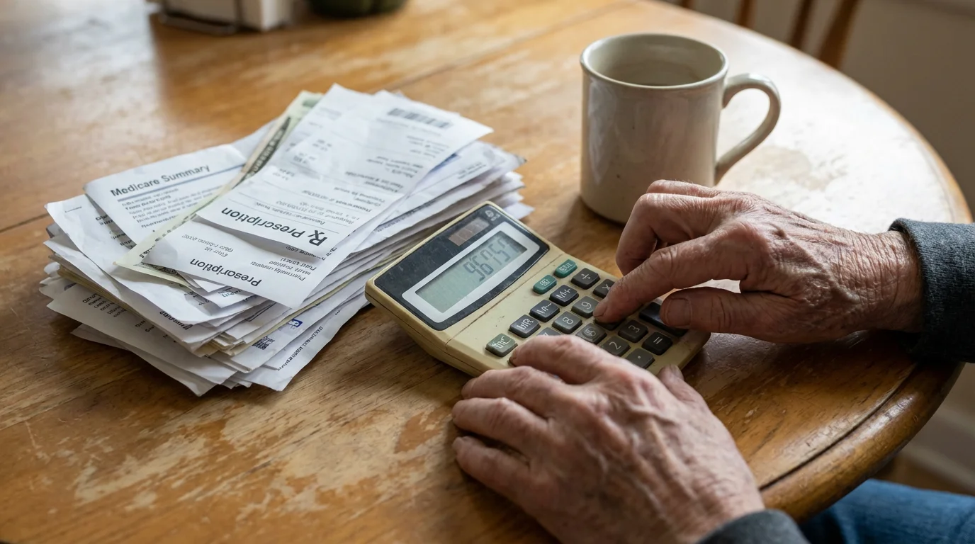 Elderly hands using a calculator next to a pile of medical bills and receipts.