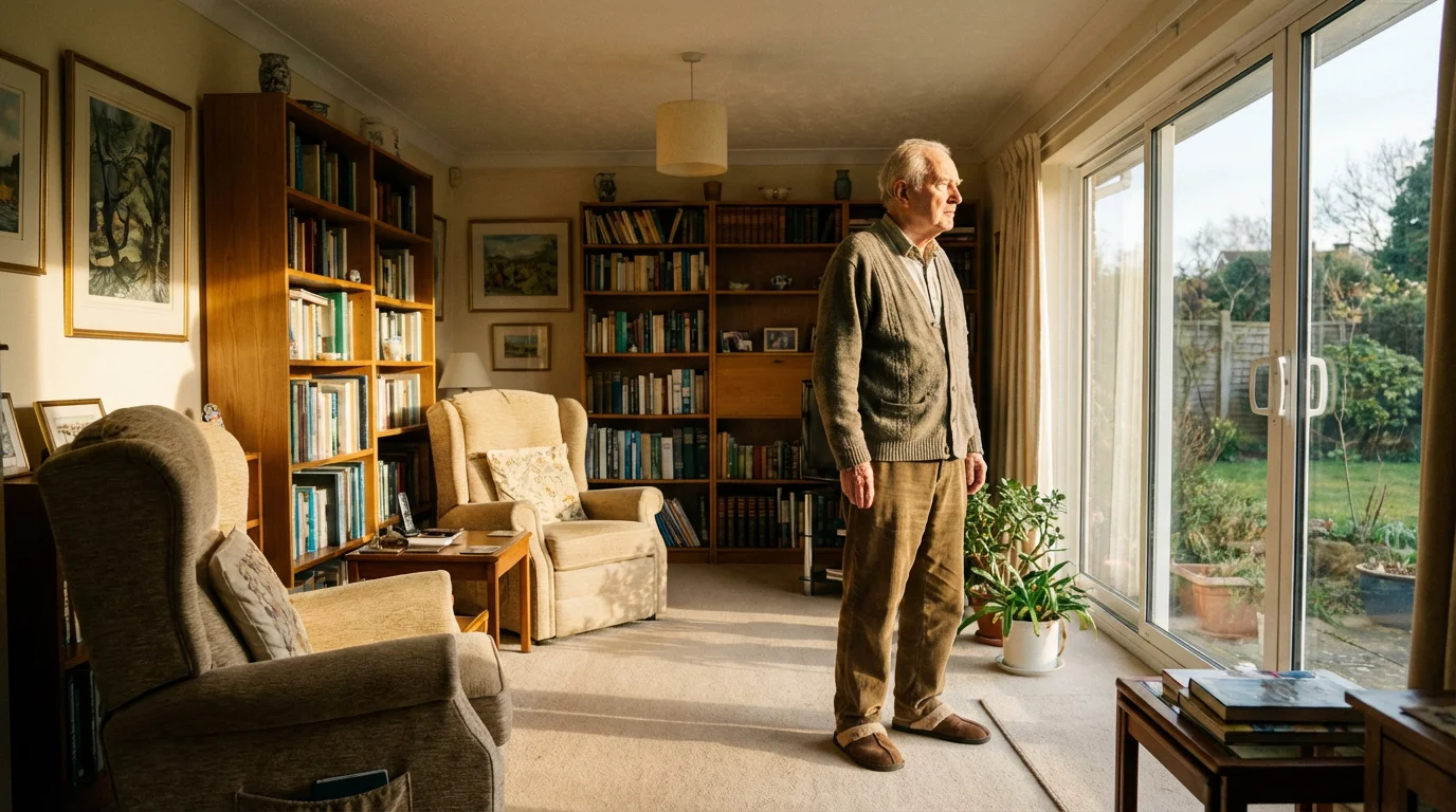 Elderly man standing alone in his living room, looking thoughtfully out a large window.