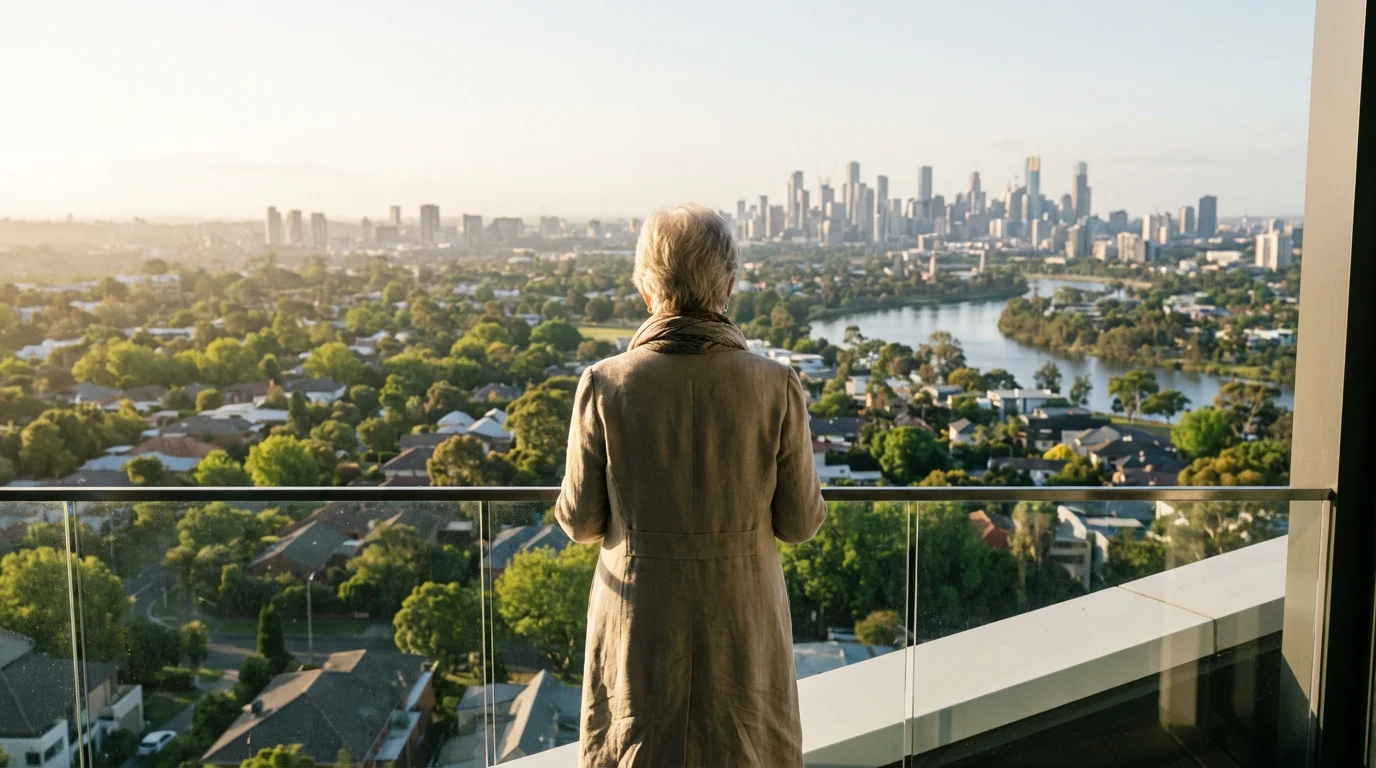 Elderly woman on a balcony looking out over a varied landscape of suburbs and city.