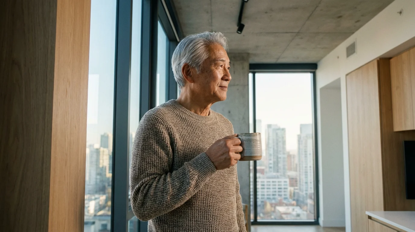 Elegant senior man peacefully looking out a city window with a mug at sunrise.