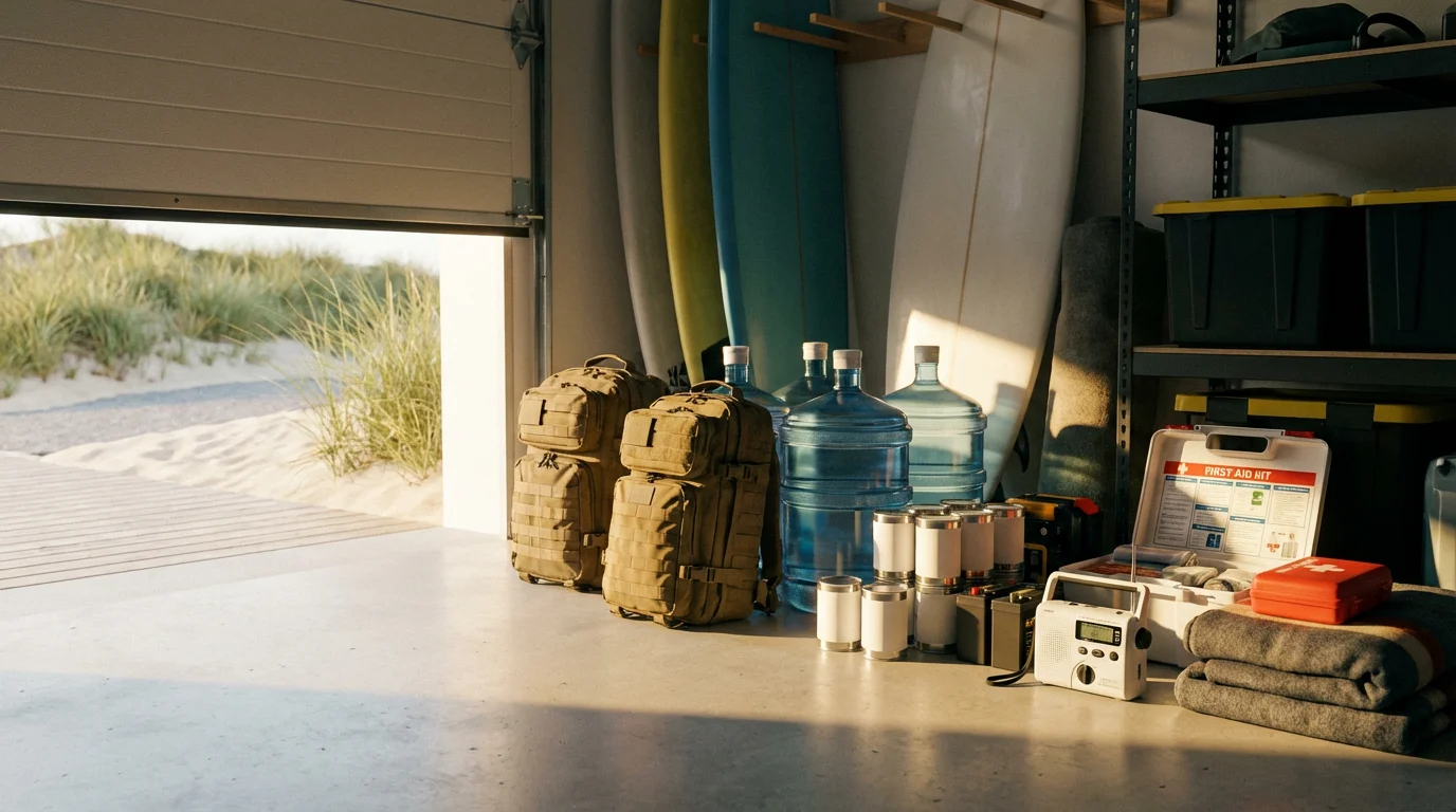 Emergency preparedness kits and go-bags organized in a garage during golden hour light.
