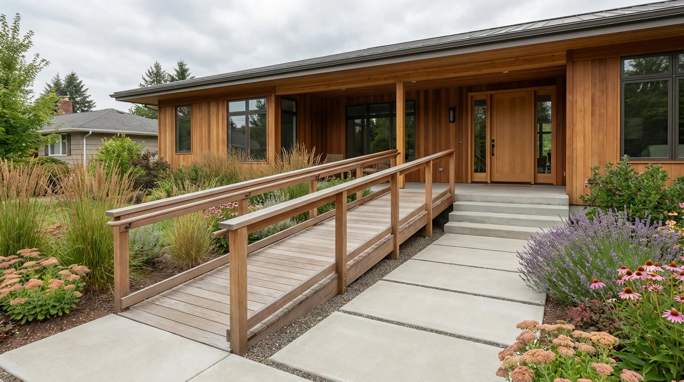 Exterior of a modern home with a wooden wheelchair accessibility ramp and level pathway.