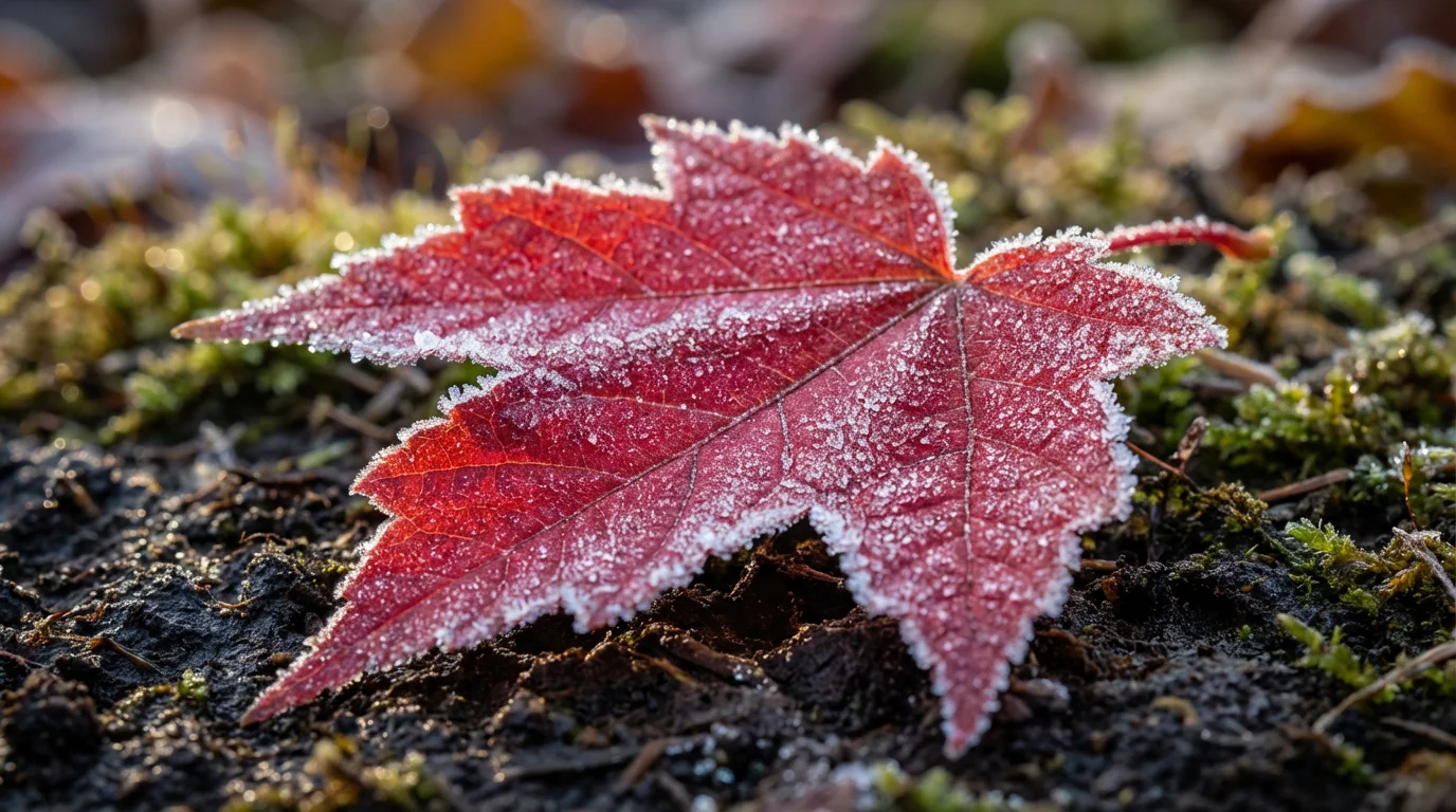 Extreme close-up macro photo of a red maple leaf with sparkling morning frost.
