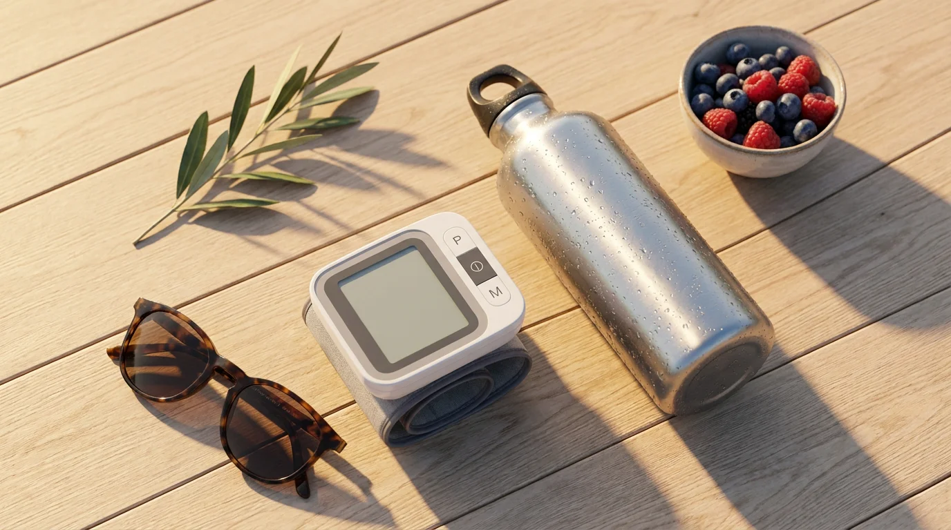 Flat lay of a blood pressure monitor, water bottle, and sunglasses in golden light.