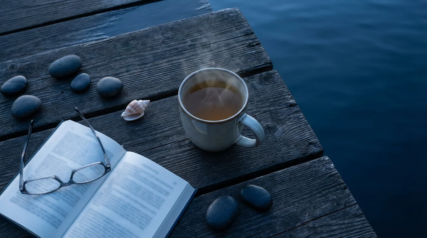 Flat lay of a book, tea, and reading glasses on a dock at dusk.