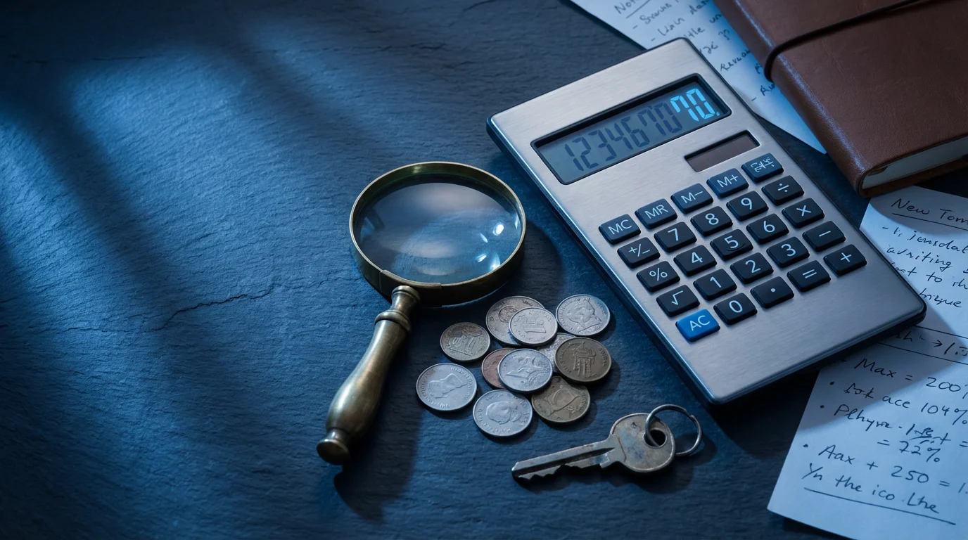 Flat lay of a calculator, magnifying glass over coins, and a house key.