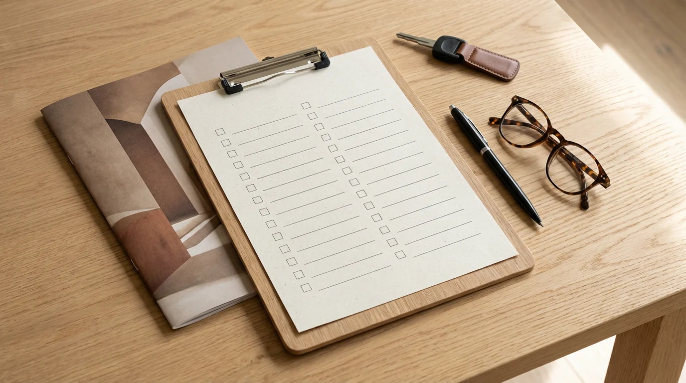 Flat lay of a clipboard with a checklist, glasses, pen, and brochure for a tour.
