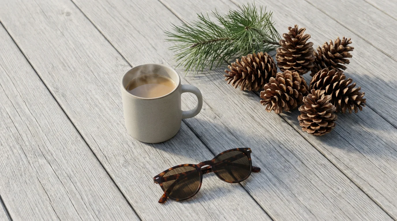 Flat lay of a coffee mug, sunglasses, and pinecones on a wooden deck.