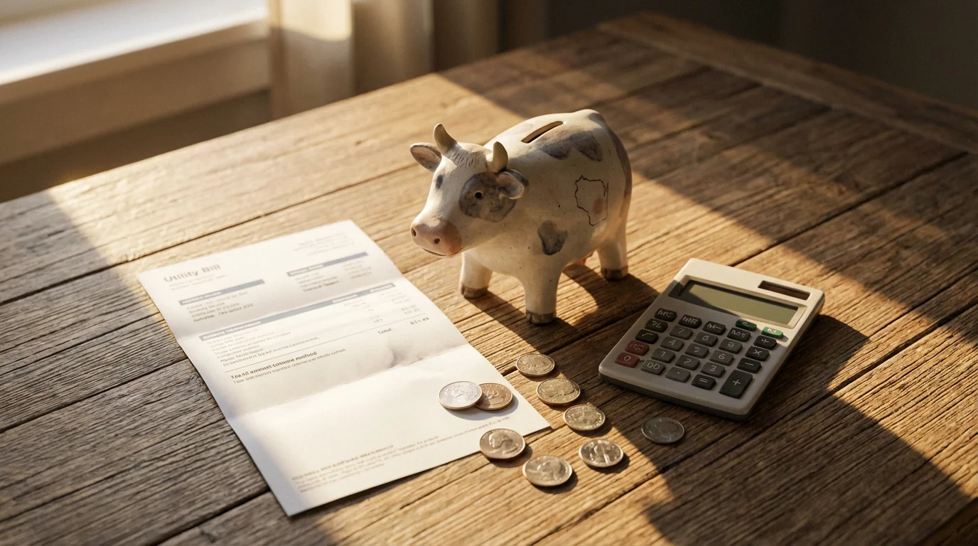 Flat lay of a cow-shaped piggy bank, calculator, and bill representing Wisconsin's cost of living.