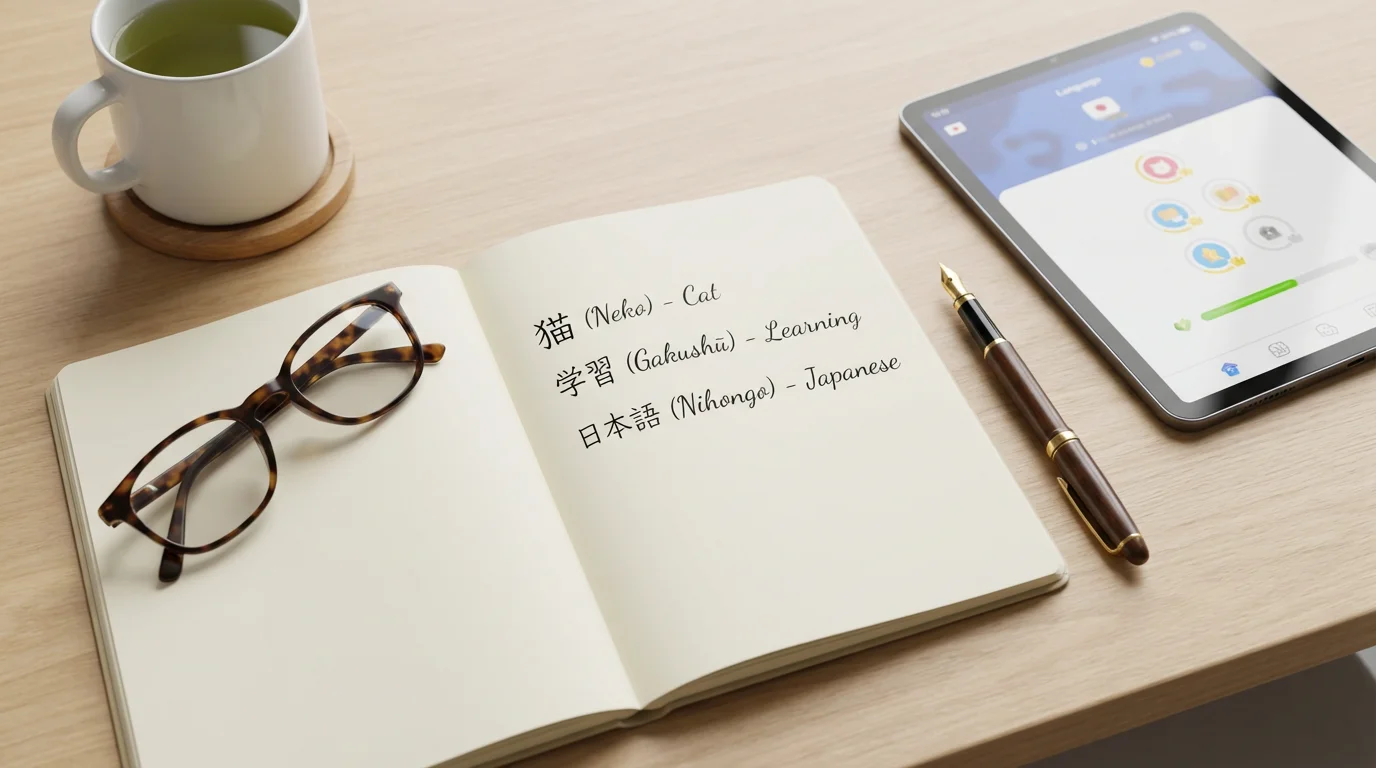 Flat lay of a desk with a language learning notebook, tablet, and tea.