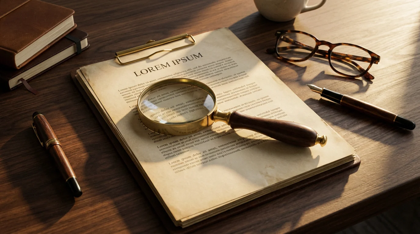 Flat lay of a legal contract, magnifying glass, and glasses on a desk.