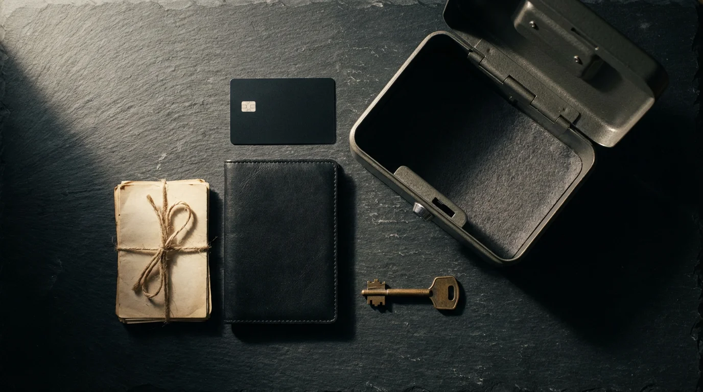 Flat lay of a lockbox, passport, credit card, and key for financial security.
