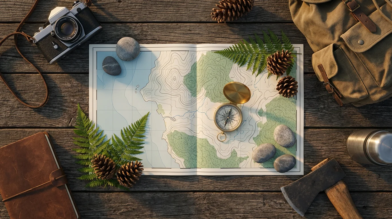 Flat lay of a map, compass, ferns, and pinecones for an Oregon adventure.