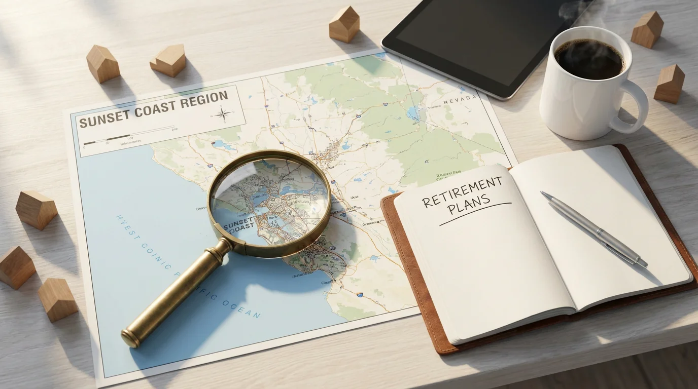 Flat lay of a map, magnifying glass, notebook, and coffee for retirement planning.
