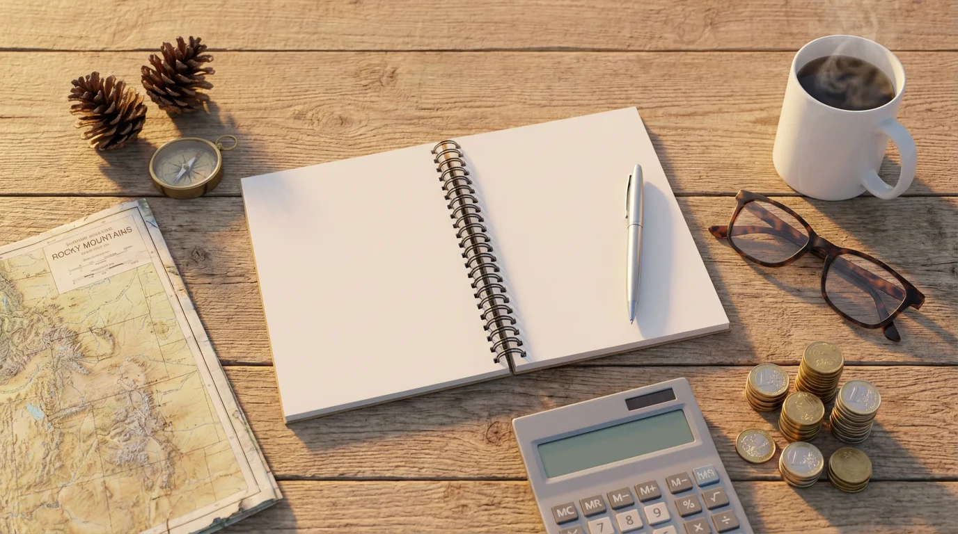 Flat lay of a map, notebook, and coins for planning Colorado retirement finances.