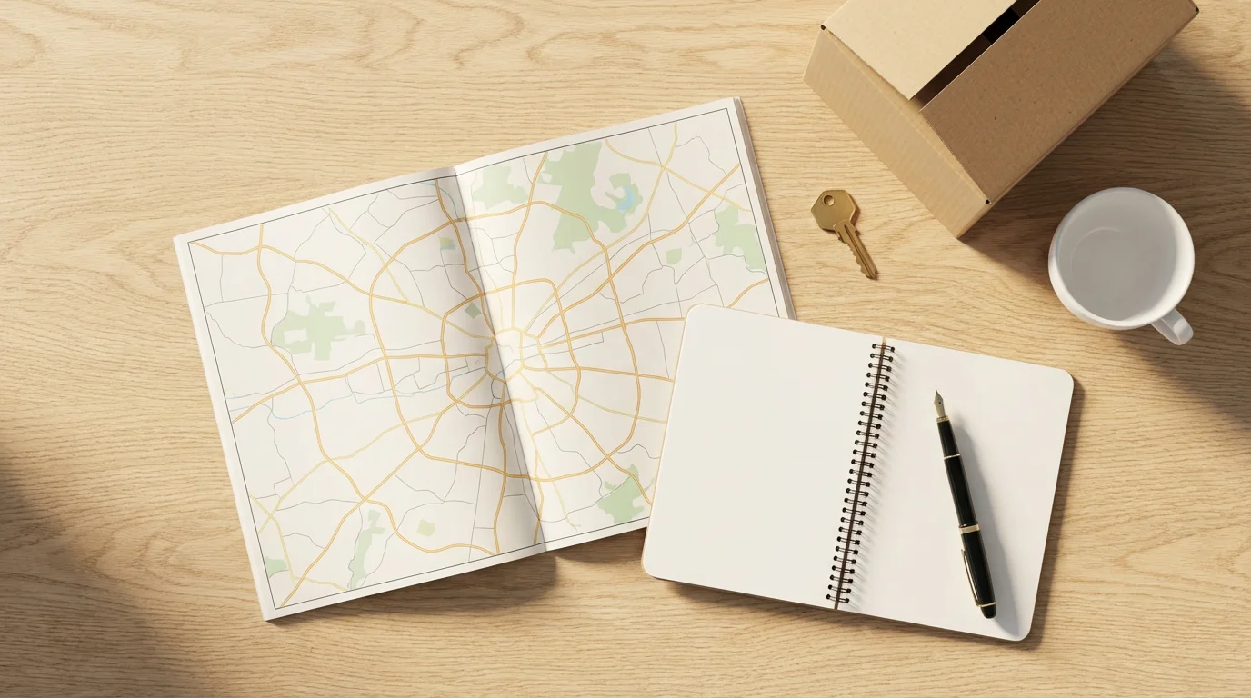 Flat lay of a map, notebook, and house key for senior relocation planning.