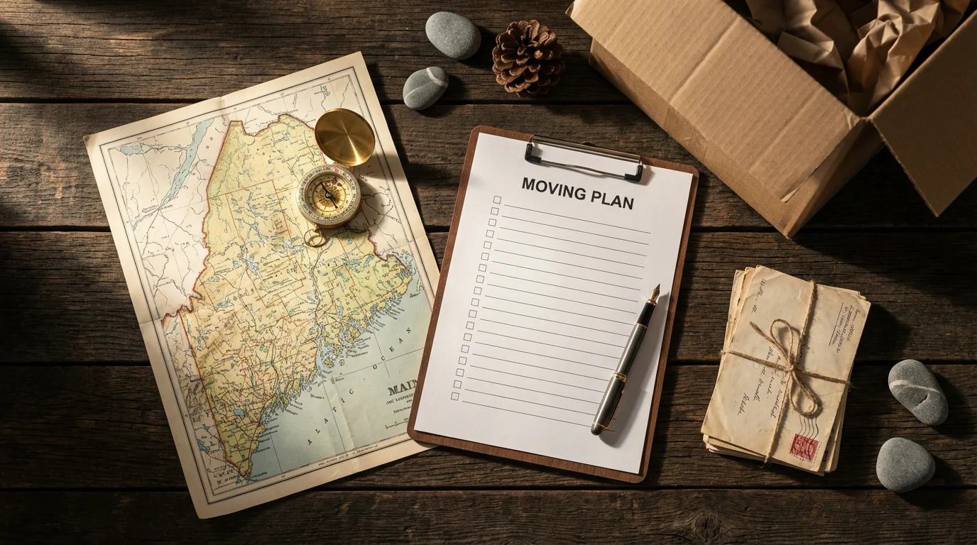 Flat lay of a map of Maine, compass, and moving supplies on a table.