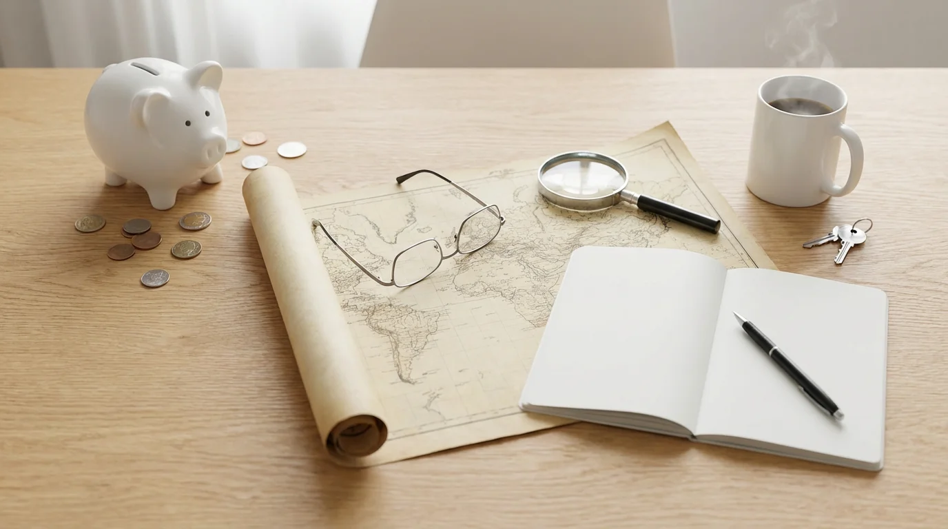 Flat lay of a map, piggy bank, and notebook for retirement planning.