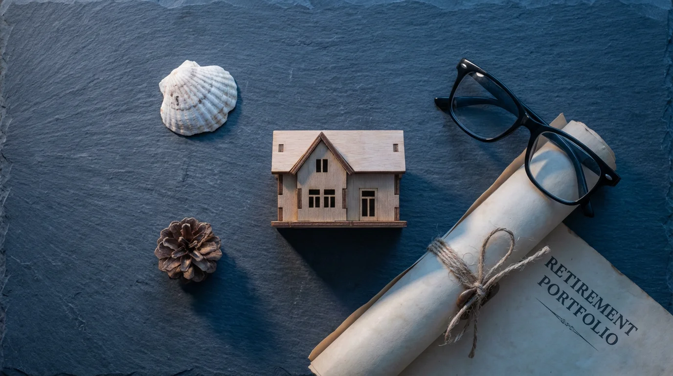 Flat lay of a model house, seashell, and glasses representing senior living costs.