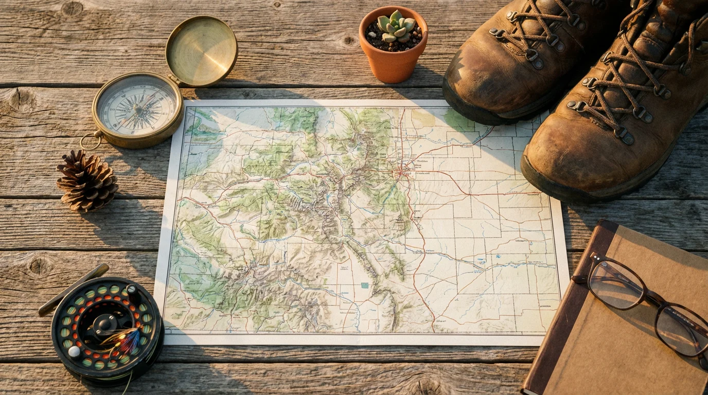Flat lay of a Mountain West map, hiking boots, and outdoor gear at sunset.