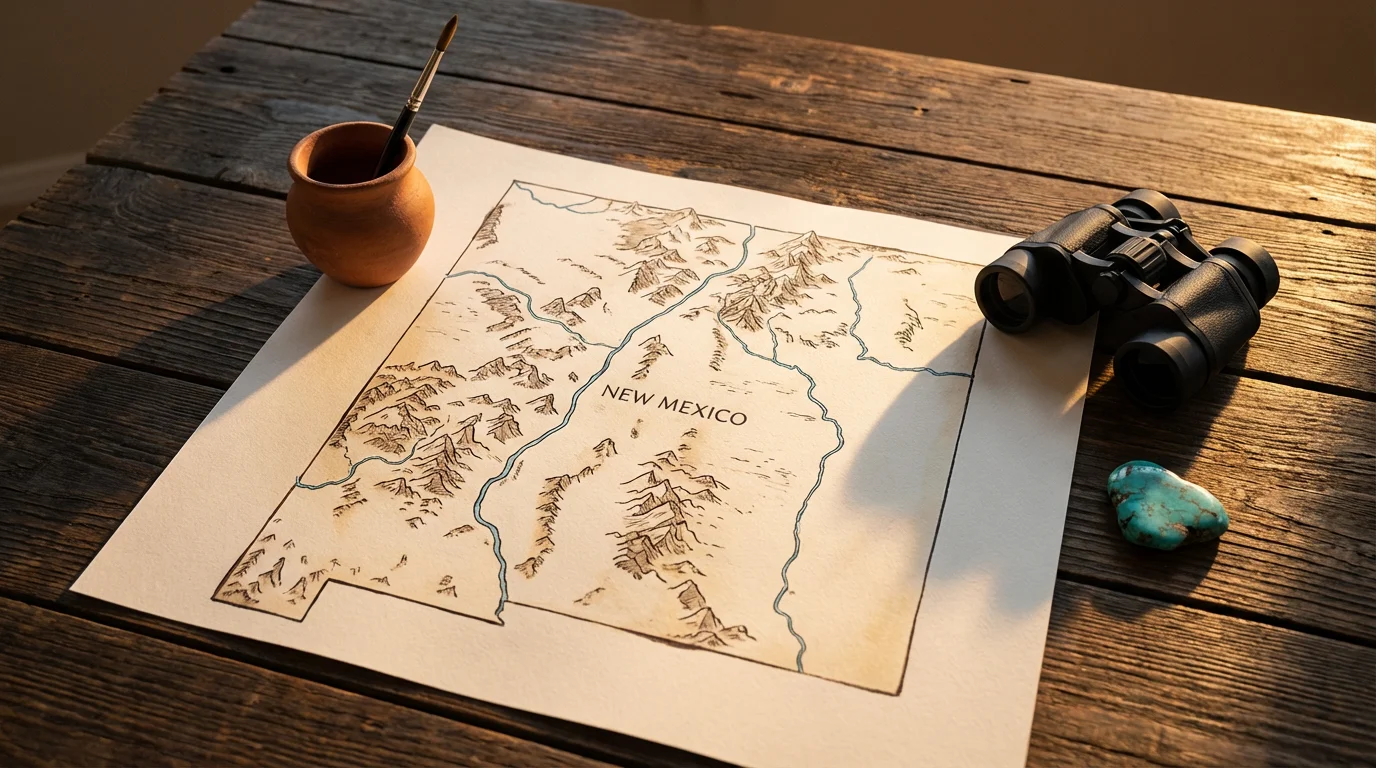 Flat lay of a New Mexico map with symbolic objects for retirement planning.