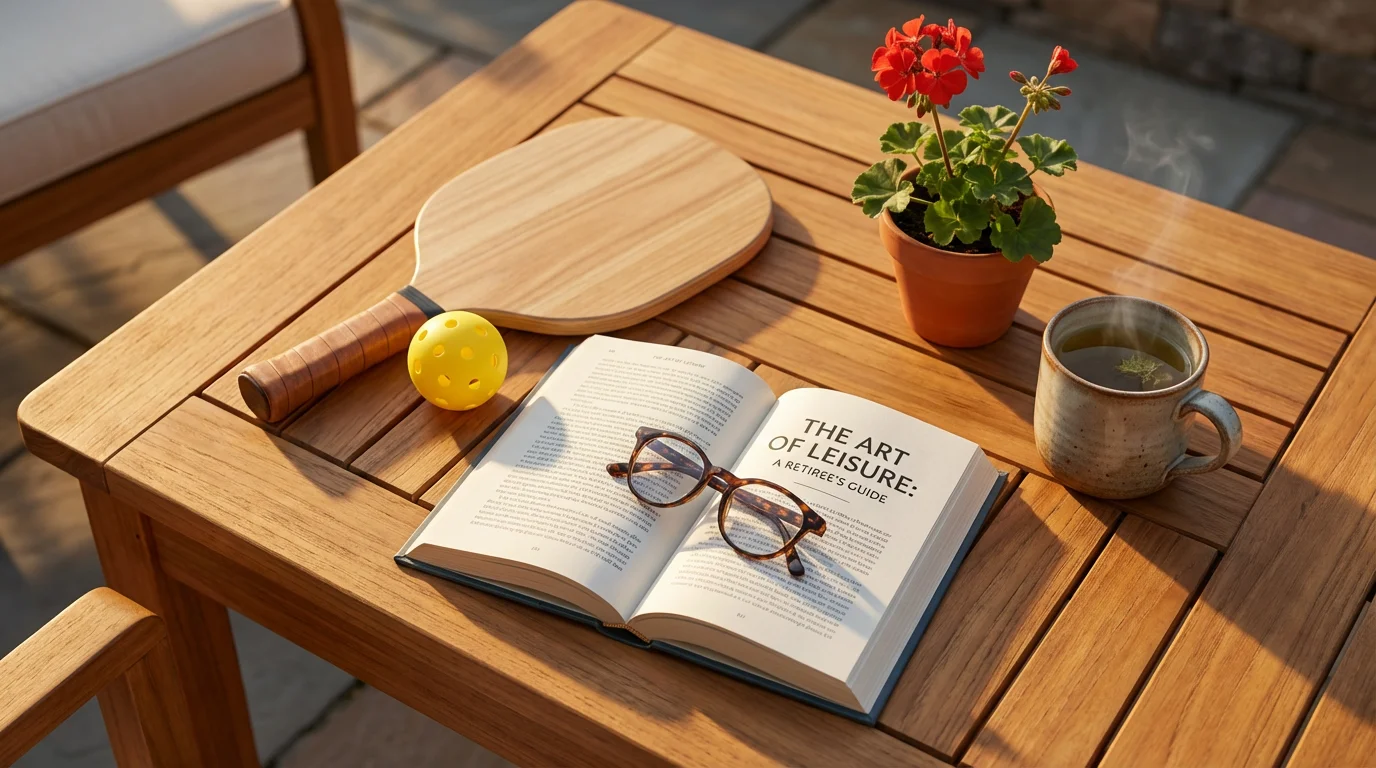 Flat lay of a pickleball paddle, book, and tea on a wooden table.