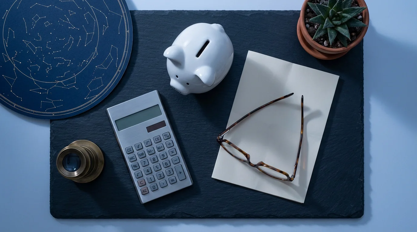 Flat lay of a piggy bank, star chart, and calculator on slate during blue hour.