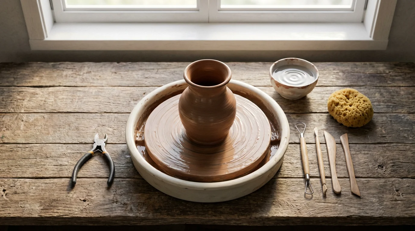 Flat lay of a pottery wheel with a wet clay vase and tools.