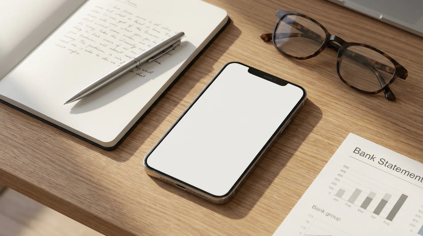 Flat lay of a smartphone, notebook, and pen, representing reporting a financial scam.