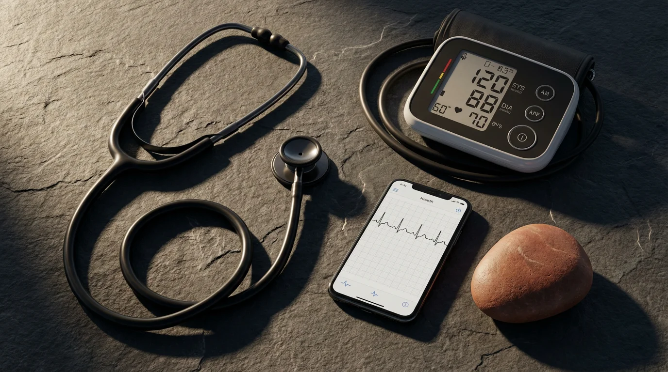 Flat lay of a stethoscope, blood pressure monitor, and smartphone on a slate surface.