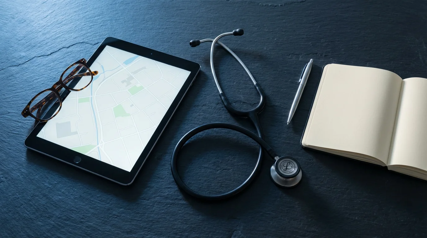 Flat lay of a stethoscope, tablet, and glasses symbolizing retirement healthcare research.