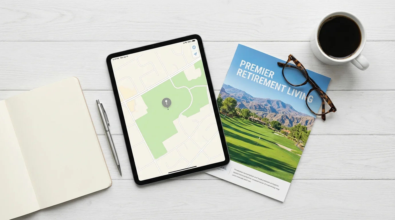 Flat lay of a tablet, brochure, and coffee for planning retirement community options.