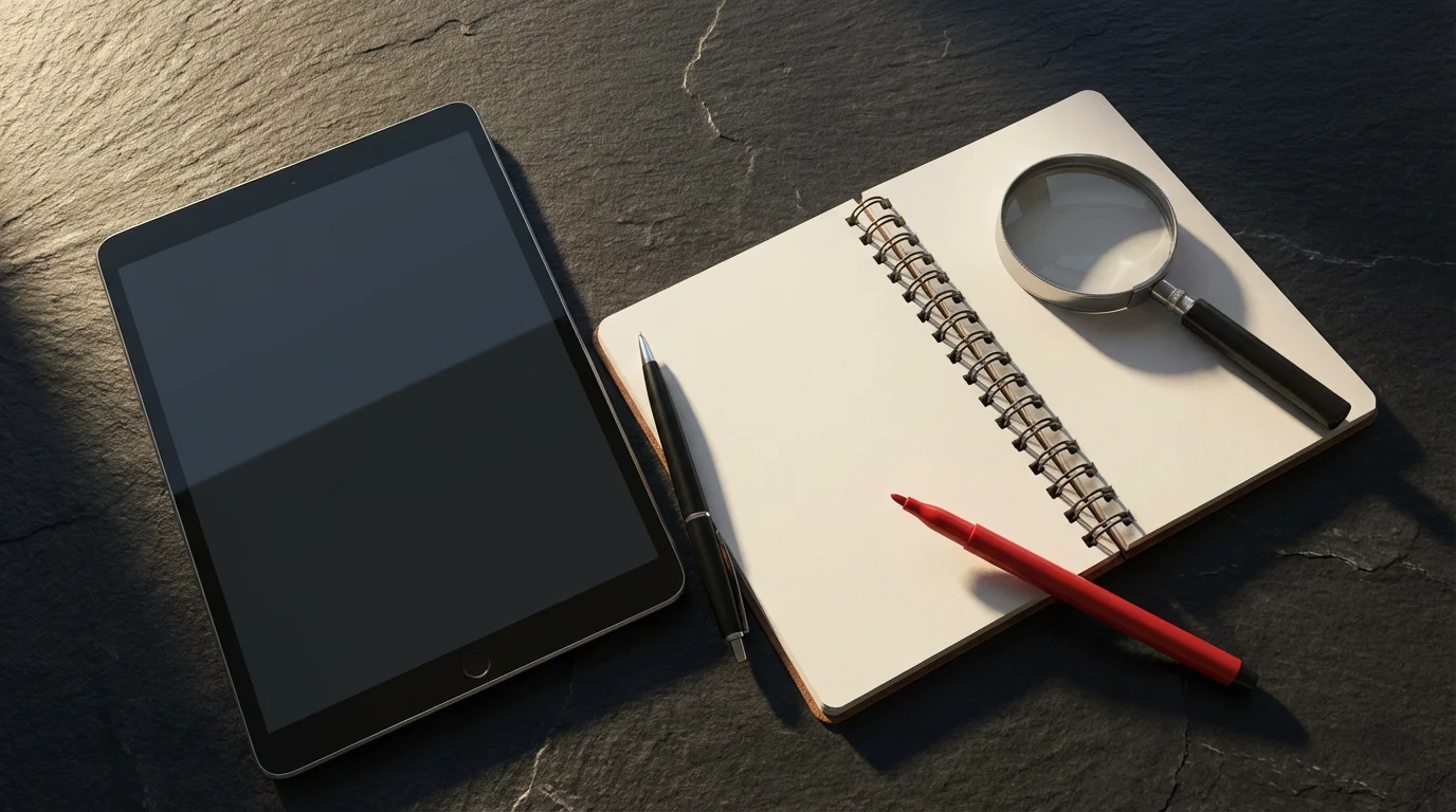 Flat lay of a tablet, notebook, and magnifying glass for researching moving companies.
