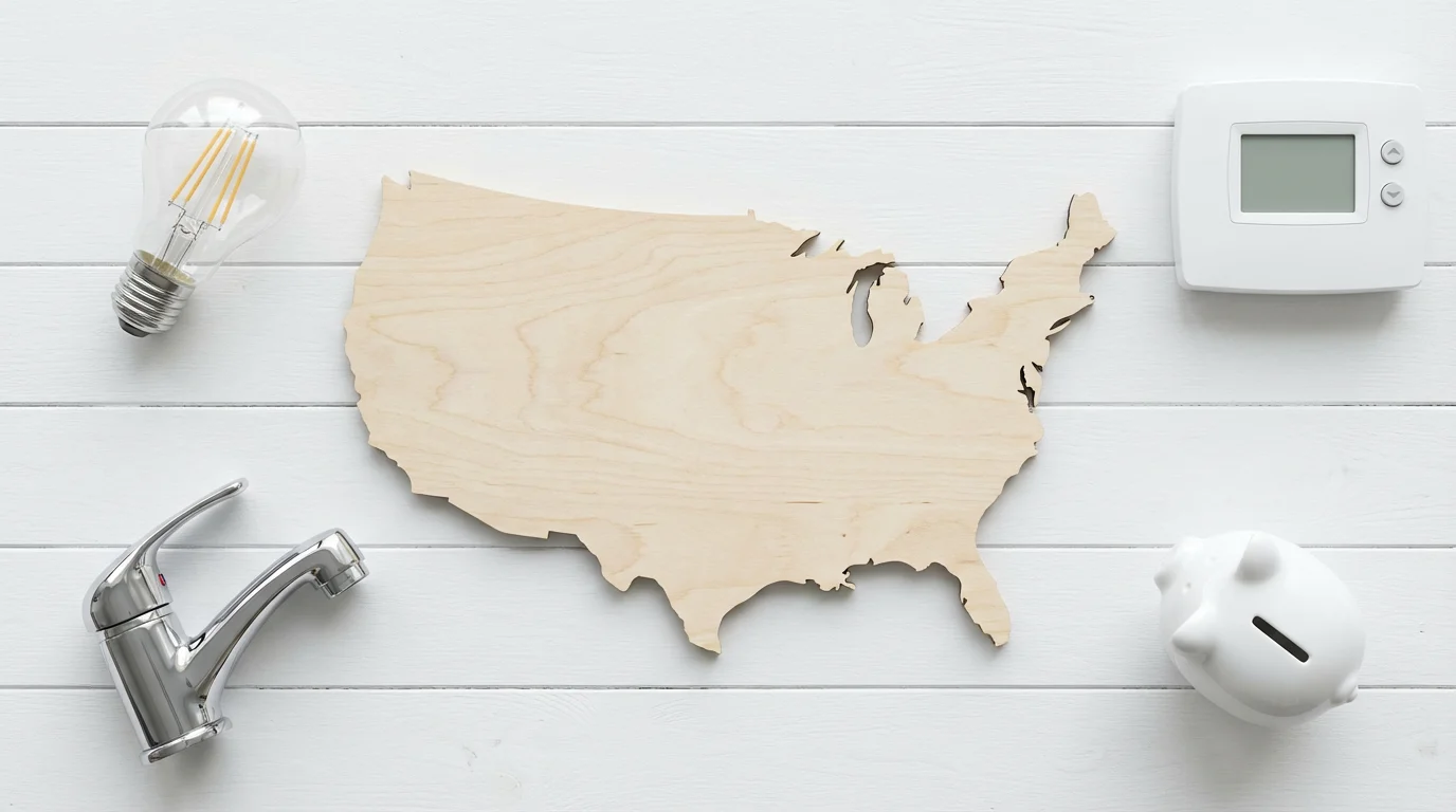 Flat lay of a US map surrounded by a lightbulb, faucet, thermostat, and piggy bank.
