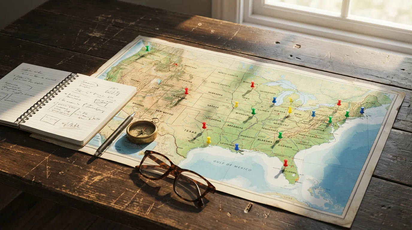 Flat lay of a US map with pushpins, a notebook, and a compass for planning relocation.