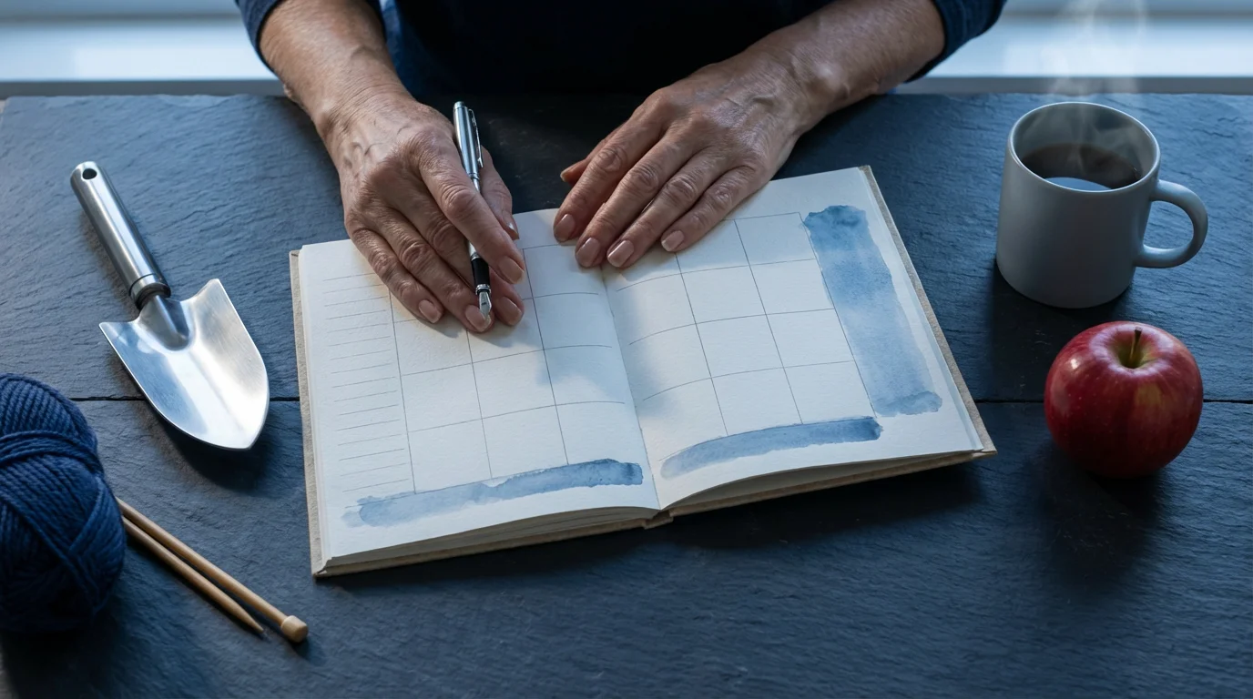 Flat lay of a weekly planner and symbolic items for volunteering during blue hour.