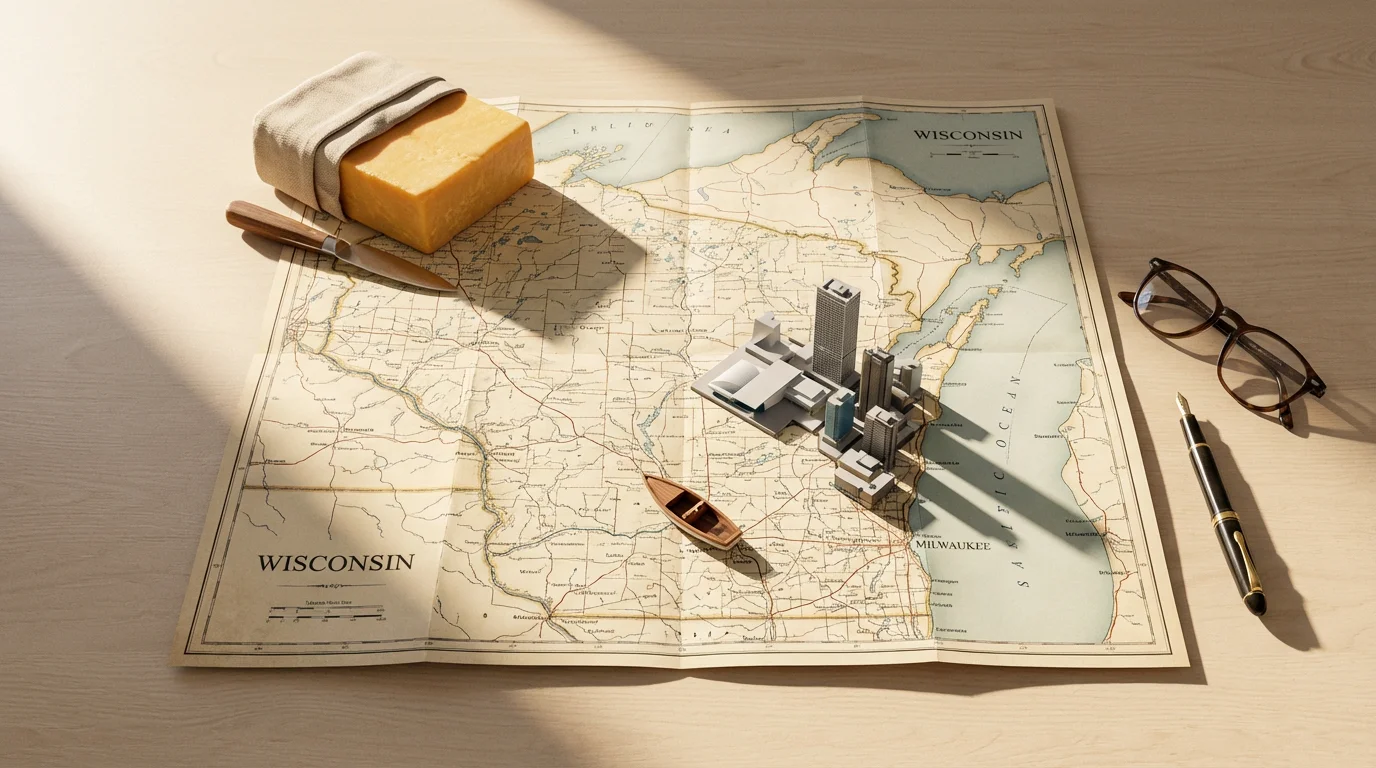 Flat lay of a Wisconsin map with symbolic items for retirement destinations and communities.