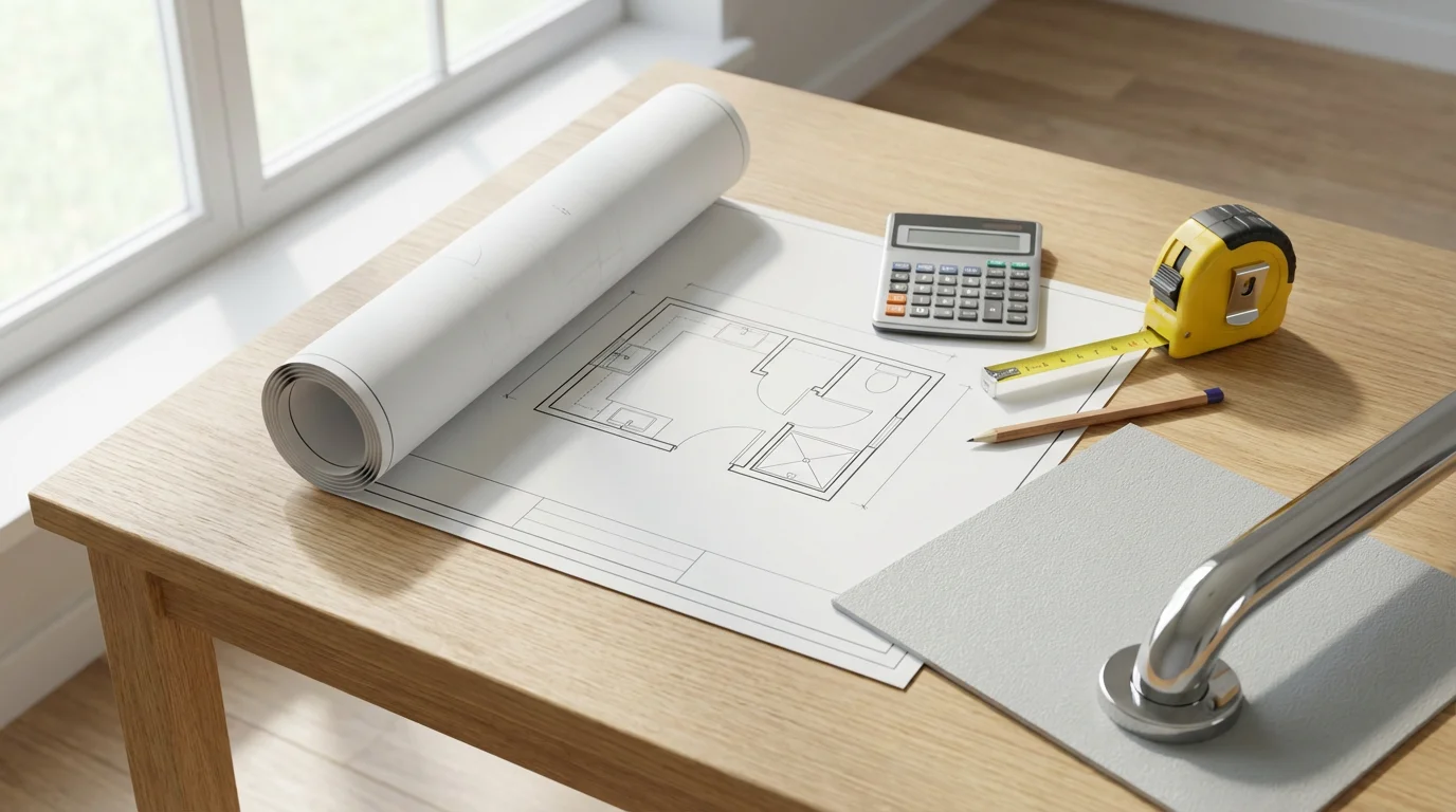 Flat lay of accessibility planning tools including blueprints, a calculator, and material samples.