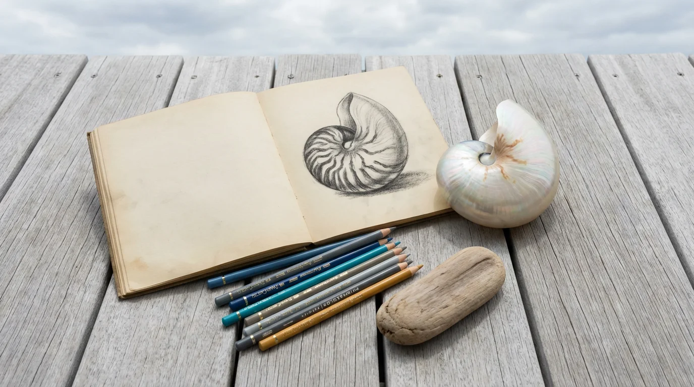 Flat lay of an artist's sketchbook with a shell drawing, colored pencils, and driftwood.