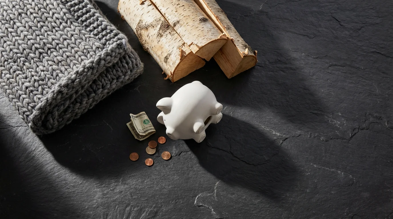 Flat lay of an empty piggy bank, firewood, and a wool blanket, symbolizing home heating costs.