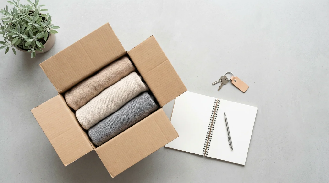 Flat lay of an open moving box, blank notebook, and new house keys.