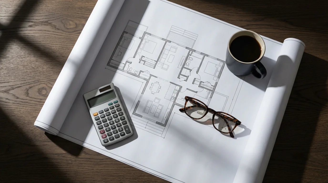 Flat lay of architectural blueprints, a calculator, and glasses symbolizing planning a home.