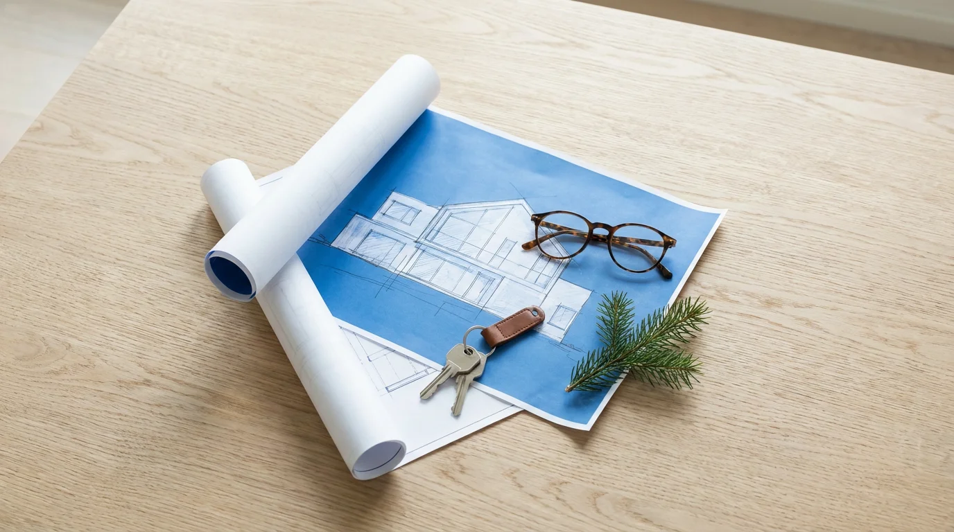 Flat lay of architectural blueprints, modern house keys, reading glasses, and an evergreen sprig.