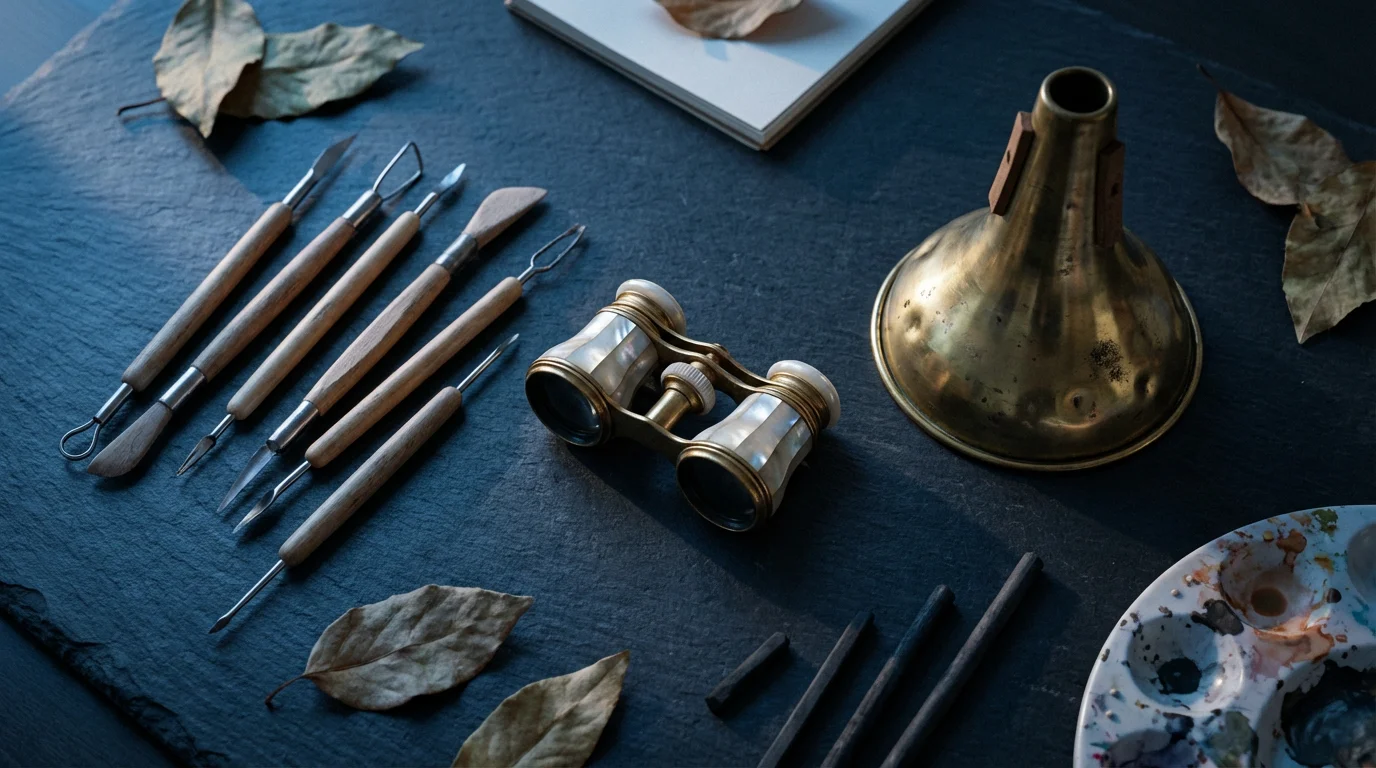 Flat lay of artistic tools: sculpting instruments, opera glasses, and a brass trumpet mute.
